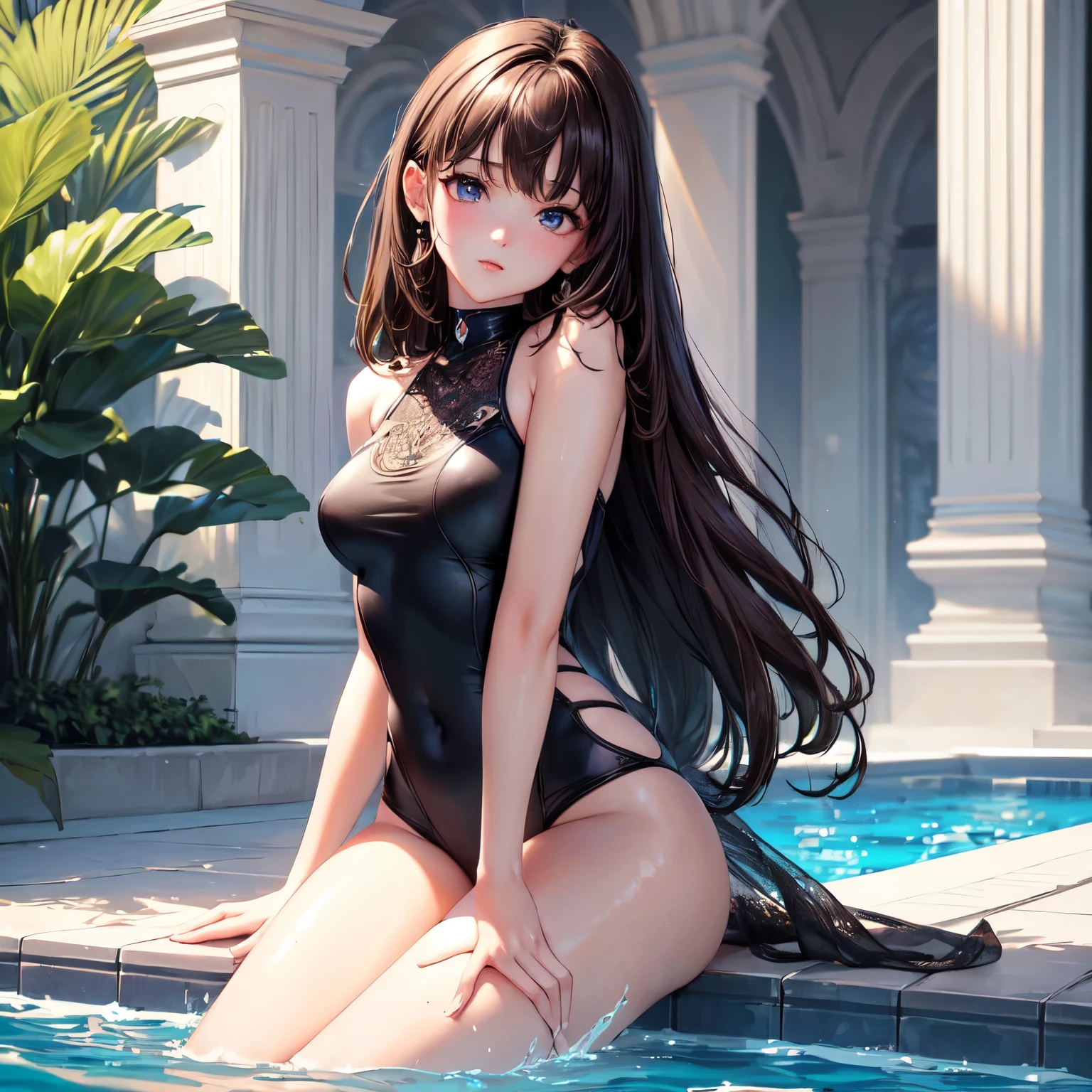 (4K,masterpiece,best quality,ultra detailed,high resolution),(daylight,bloom),cute female,solo,age,slender,(medium hair,dark brown hair,black hair),(beautiful detailed face,beautiful detailed eyes,finely detailed skin,beautiful medium beast,medium hip,fair skin),(fullback swimsuits),(on the pool side),sitting,(from behind),