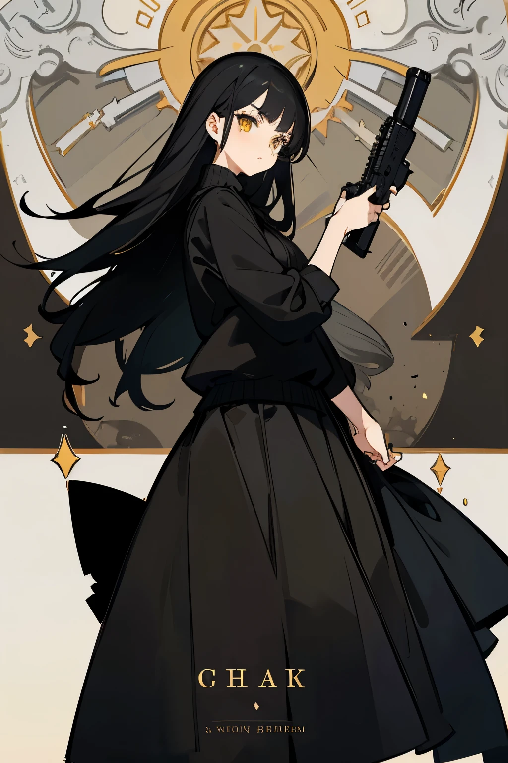 A girl, with long black hair, yellow eyes, wearing black sweater, wearing gray skirt, with serious on her face, posing looking at camera with her body turned around, holding gun, elegant, beautiful, enchanted to everyone who saw her, HD picture, good AI art, NO BLUR PICTURE.