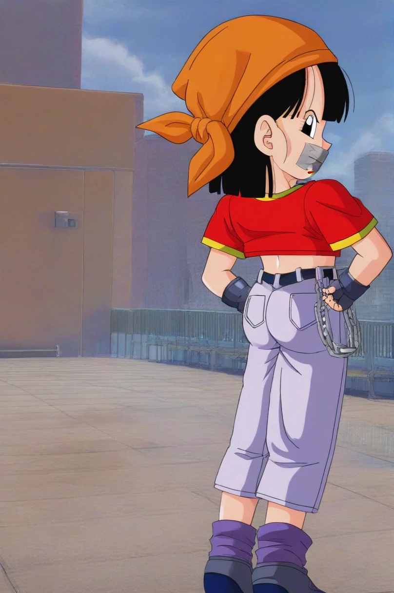 source_anime, score_9, score_8_up, score_7_up, anime screencap,8k, absurd res, pan \(dragon ball\), 1girl, solo, looking at viewer, short hair, black hair, standing, full body, short sleeves, boots, , black gloves, looking back, gold trim, grey pants,  fingerless gloves, loose socks,  from behind, black eyes,  hands behind back, chain,  cloudy sky, denim, building, red shirt, hands behind back, orange bandana, female , blue footwear, clenched hands, belt, bangs, fingernails, purple legwear, v-shaped eyebrows, sneakers eyes closed, show full body, tied up, shibari rope, tape gag over mouth, bent over