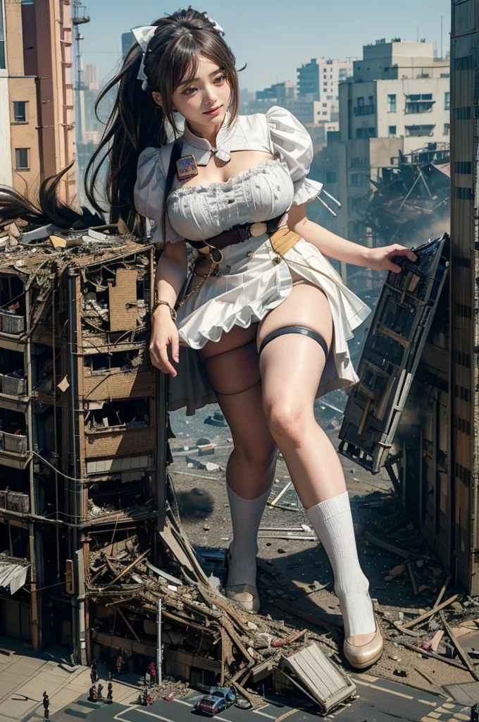 looking at the camera、steampunk、Standing on top of a ruined building、Big building explosion、The building collapses、Urban hustle and bustle、Traffic jam、City of Rubble、street tree、Car and bus、truck、taxi、City boulevard、Pedestrian bridge、Streetcar route((((Azur Lane Cheshire Cosplay))))、Frilled maid outfit、((Super huge breasts))、((Plump thighs))、Ground View,City of Giants,500 foot tall giant girl,skyscraper,Has super long legs,Step into the crowd,There are many people on the street,Knee-high socks,A happy look,Standing on the ruins,Beautiful appearance,Exquisite makeup,quality,8k,高quality,Perfect Proportions, Cinema Lighting,Film Grain,The Colors of Fuji,8k,Textured skin,Super Detail,High detail,high quality,High resolution,explode,False Smile、Reaching out