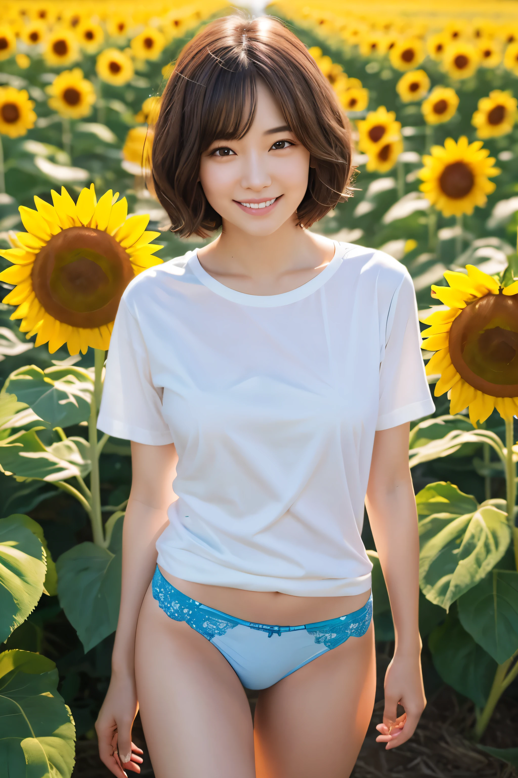 Highest quality、Realistic、Portrait、smile、Bob Hair、White T-shirt、Nipples are visible、Light blue panties、Sunflower field