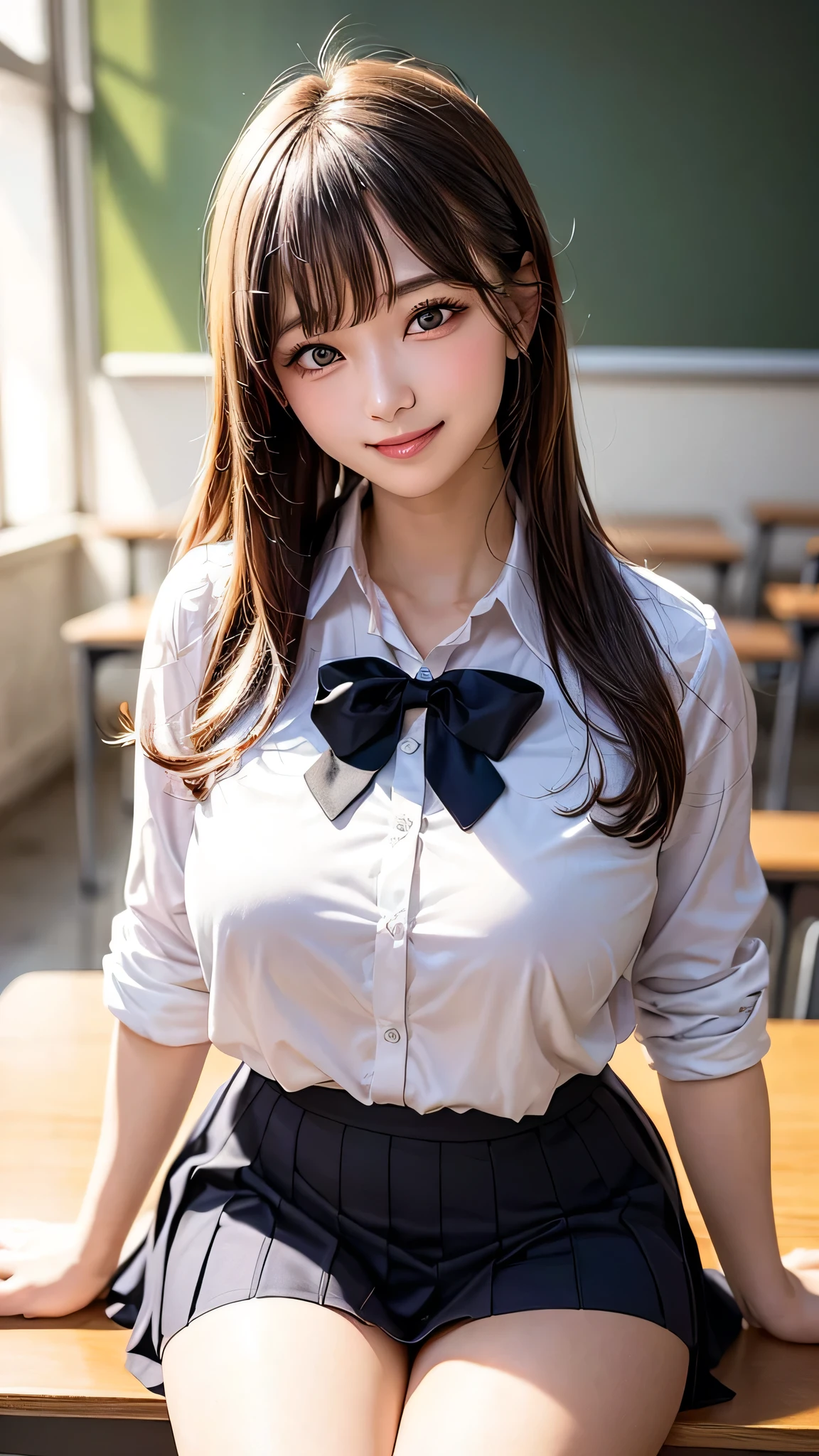 Japan schoolgirl uniform、Very huge hidden under a white collared button shirt that gets wet and sticks to the skin、pleatedskirt、knee high socks、