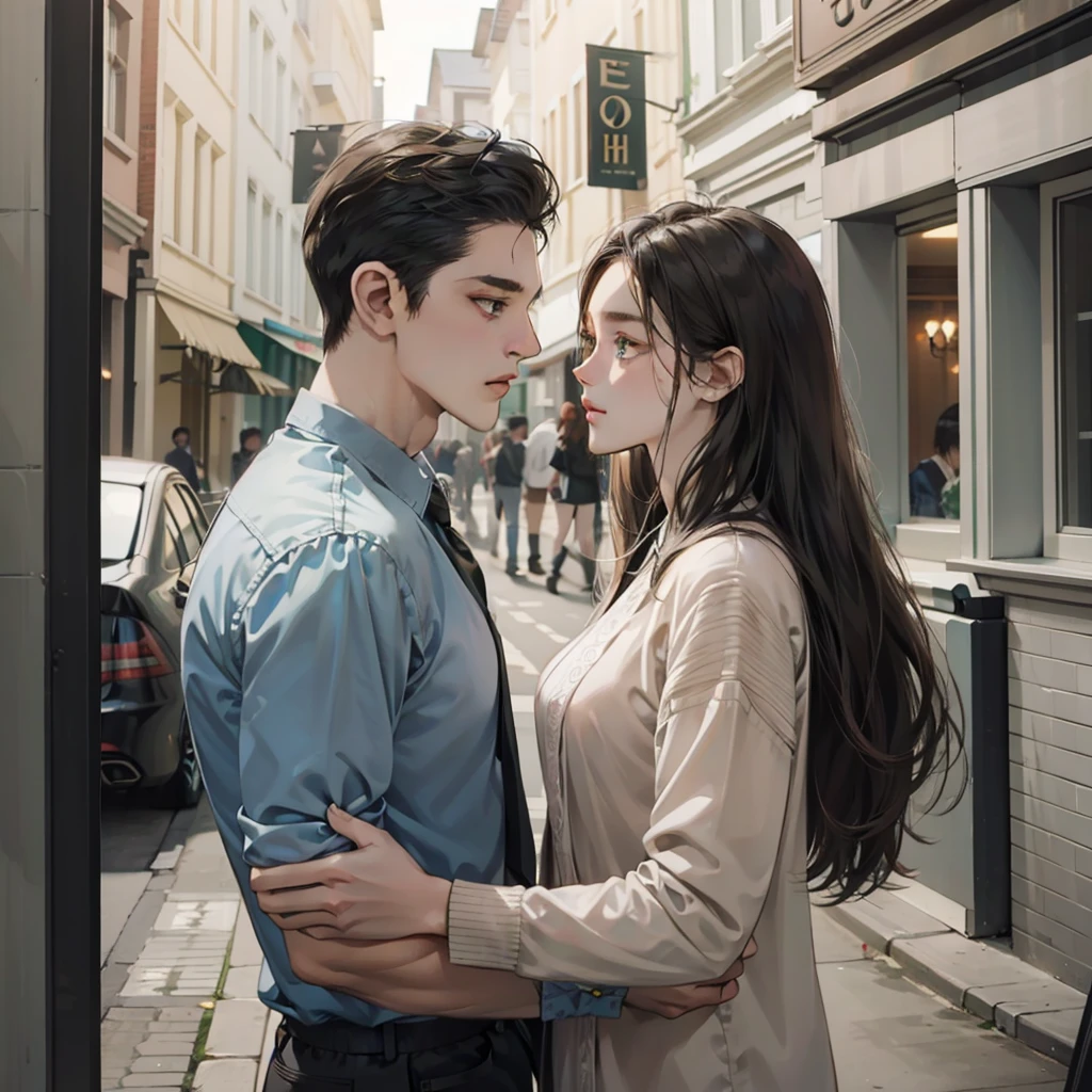 Chestnut girl, with long wavy hair, green eyes and slightly pink lips, and profiled nose, with a perfect profile, tall boy with the appearance of Lorenzo Zurzolo, both in profile looking at each other, the boy in the Slytherin uniform, and the girl with the Gryffindor Uniform from Hogwarts School of Witchcraft and Wizardry. both with a sad but serious look