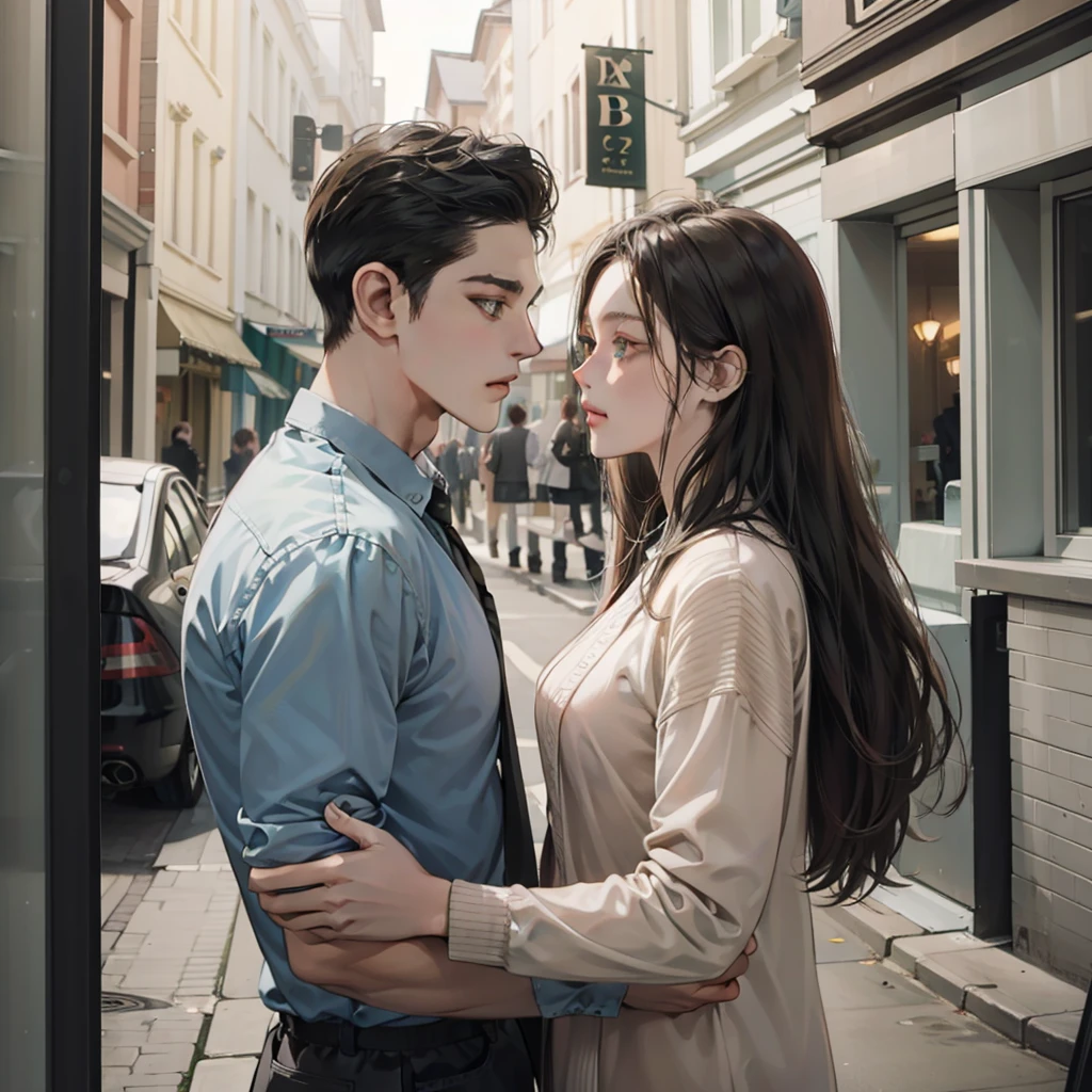 Chestnut girl, with long wavy hair, green eyes and slightly pink lips, and profiled nose, with a perfect profile, tall boy with the appearance of Lorenzo Zurzolo, both in profile looking at each other, the boy in the Slytherin uniform, and the girl with the Gryffindor Uniform from Hogwarts School of Witchcraft and Wizardry. both with a sad but serious look