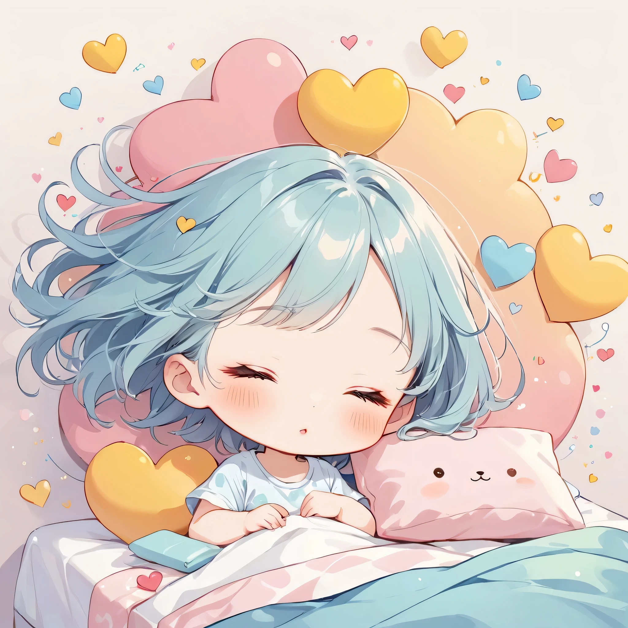 Hayao Miyazaki pastel color style, Simple Line Initialism,Abstract art,Urban Background, (((The most beautiful girl of all time))), chibi, Sweet face. Lips in love, colorful hearts, kawaii design, (((nap))), hospital bed