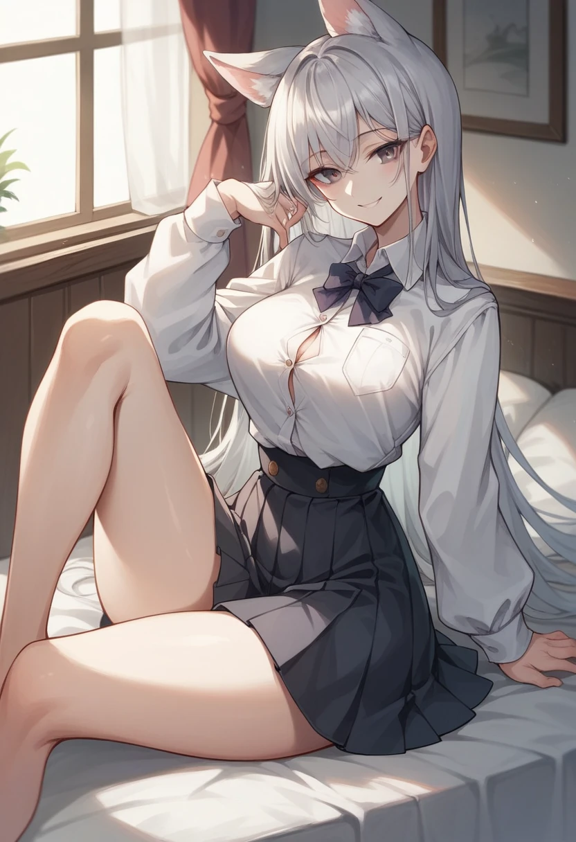 Girl sitting on bed（The girl has long silver hair　Shoulder length　She is wearing a white shirt and a black pleated skirt　All buttons on the shirt are closed　Dog ears growing　Gray Eyes　White skin　tall　With bangs　Beautiful face　Thin legs　Small waist, slightly large chest　Smiling　Silver Hair　Anime Style ）