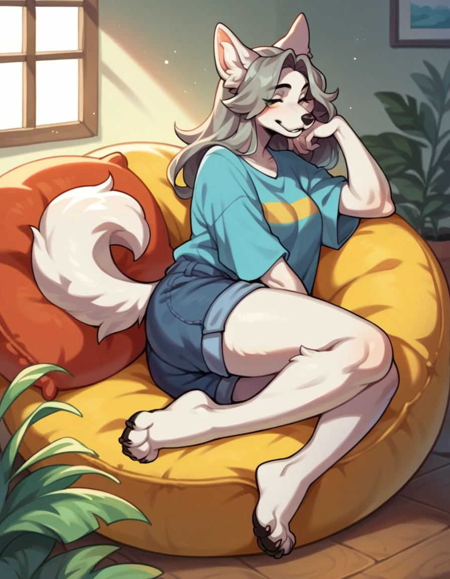 score_9,score_8_up,score_7_up, source_anime, temmie from undertale, Anthro girl, short silver grey hair, dark brown eyes, white sclera, white furry body, canine feline hybrid girl, four ears, floppy white dog ears, white cat ears, wearing shirt, shorts, barefoot, feet paws four toes, sitting on a beanbag chair, playful pose