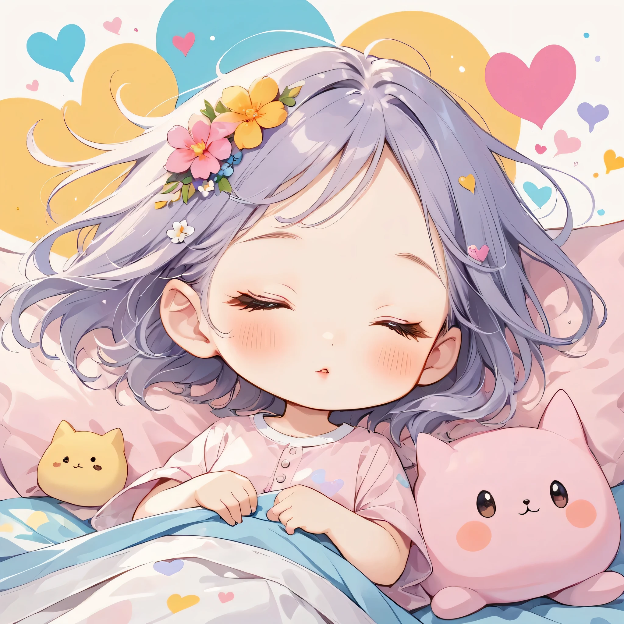 Hayao Miyazaki pastel color style, Simple Line Initialism，Abstract art，Urban Background, (((The most beautiful girl of all time))), chibi, Sweet face. Lips in love, colorful hearts, kawaii design, (((nap))), hospital bed