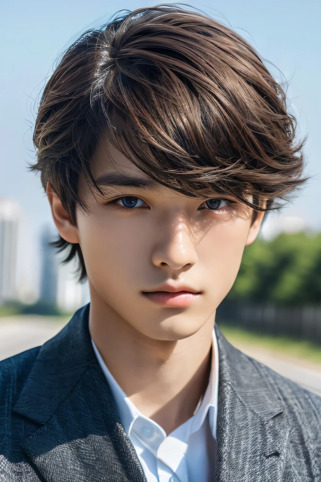 Highest quality, masterpiece, Ultra-high resolution, (Realistic: 1.4), Original photo, wallpaper, Head Photo, skin, Simple Background, Iris, detailed, Selfie, 1 boy, 18-year-old, good looking, Wind,suit