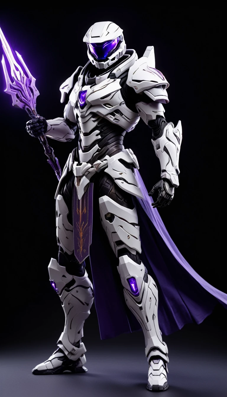 Masterpieces, Holy White Knight, Action style shot, (Battle Priest in a warframe and halo style armor wielding a spear imbued with purple radiant light, emanating potent light magic.), (purple white, silver color scheme), (white hood and cape), (action shot: holding spear, (r on back), white and purple tabard (solid color background), centered, full body shot, (dynamic action stance pose), sci-fi knight, Halo master chief, vibrant colors, visible figure joints, cinematic shot, volumetric lighting, intricate pattern detail, highly detailed