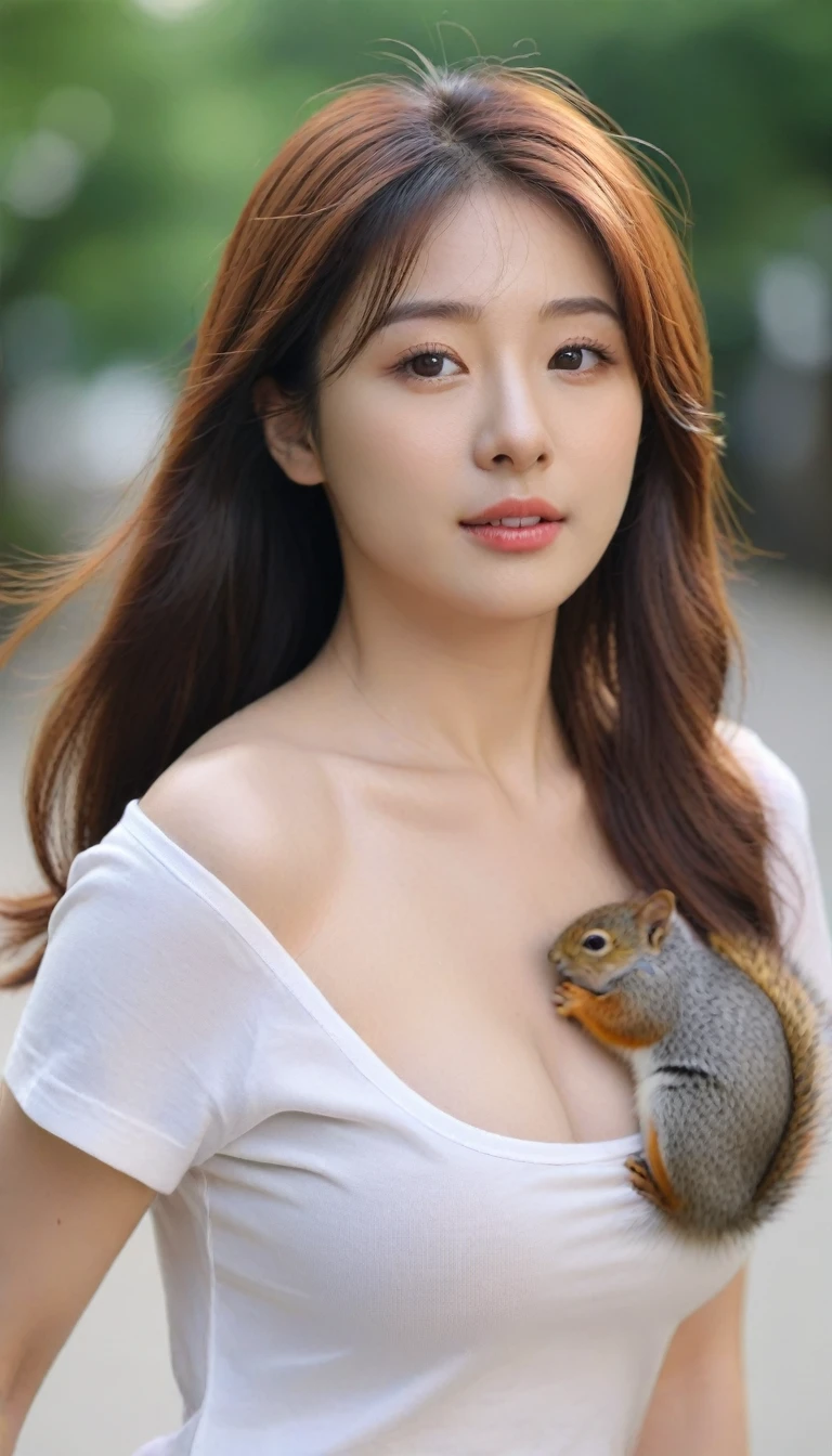 extreme close-up of beautiful beautiful korean female, 34 inch breasts size, wearing t-shirt, dynamic pose, squirrel on her shoulder, bokeh background, cinematic scene, UHD