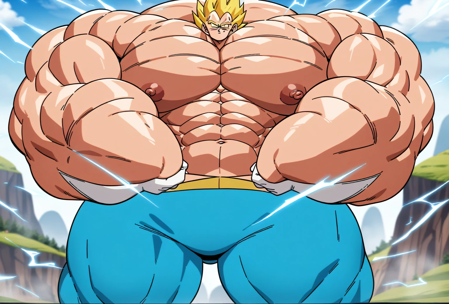 1boy, Vegeta, from Dragon Ball Z, masterpiece, best quality, very aesthetic, absurdres, saiyan, green eyes, spiked hair, (yellow hair:1.5), shirtless, blue skintight pants, white gloves, (huge muscles:2.5), dragonballartstyle, in the style of Akira Toriyama, white tiled floor, outdoors, flat-top mountains, nipples, yellow aura, electricity, white gloves, fists squeezed