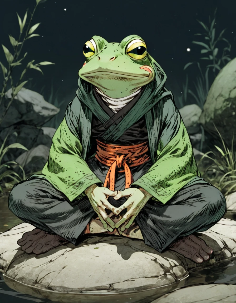 (sketch art, concept art:1.4),(masterpiece rough sketch drawing), best quality, solo closeup, meditating frog monk, green skin, green eyes, dark outfit, (Akihiko Yoshida Style), high contrast, space theme, grunge, punk rock, swamp, sitting on a rock
