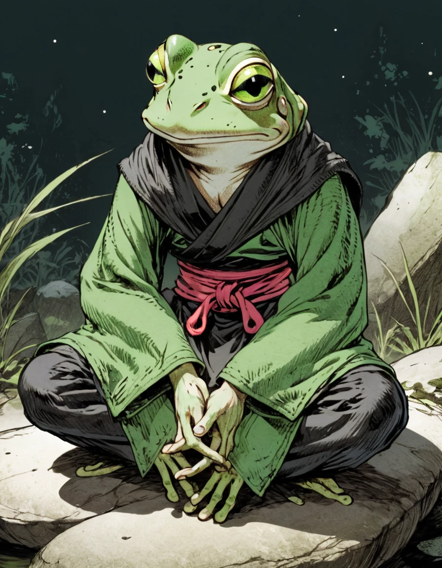 (sketch art, concept art:1.4),(masterpiece rough sketch drawing), best quality, solo closeup, meditating frog monk, green skin, green eyes, dark outfit, (Akihiko Yoshida Style), high contrast, space theme, grunge, punk rock, swamp, sitting on a rock