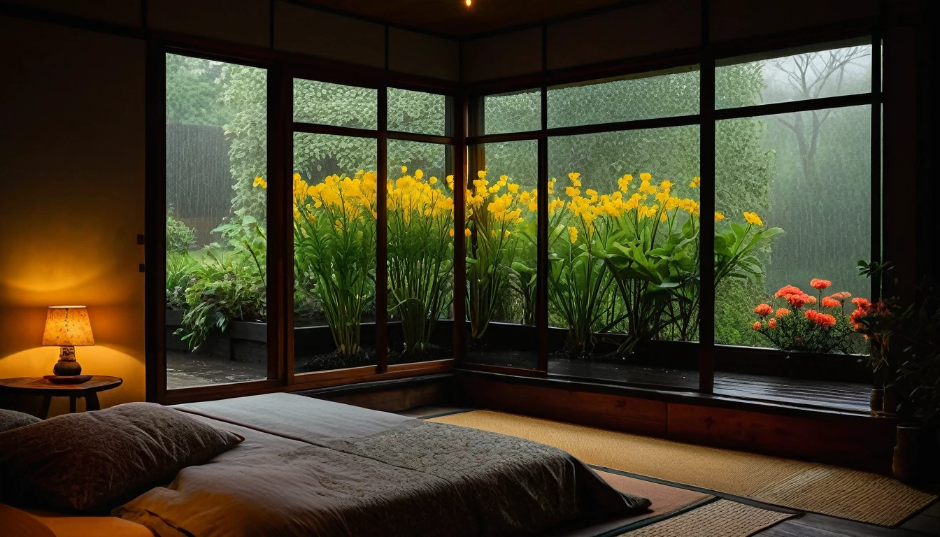 The picture shows a cozy bedroom with large windows offering views of a beautiful, dimly lit garden AND a garden filled with FLOWERS. CINEMATIC atmosphere, gloomy, dull, gloomy rain, cloudy outside JAPANESE HOUSE, dark cloudy. This room has tatami floors, shoji doors, and minimalist wooden furniture. . The bed was unmade with rumpled sheets, indicating only a light sleep. looks dim, gloomy. Beside the bed there is a small table with a classic lamp that radiates warm light into the room. Outside the window you can see the lush greenery of the terrace or balcony area, the rain is falling, the lamp on the left provides warm lighting, creating a calm and peaceful atmosphere. the room was dark, gloomy with fog obscuring part of the view in the distance. The contrast between the warmth indoors and the rain outdoors creates an inviting and calming atmosphere