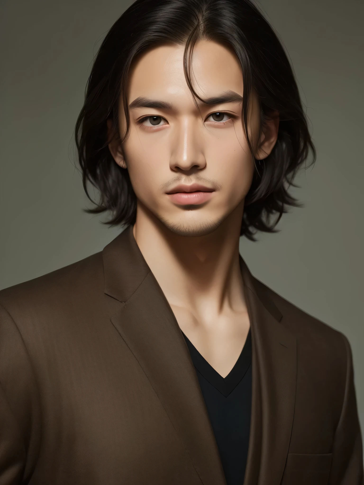 A man with short black hair. Hunter look, black eyes, Caucasian, handsome face 
,Best Quality, High Quality