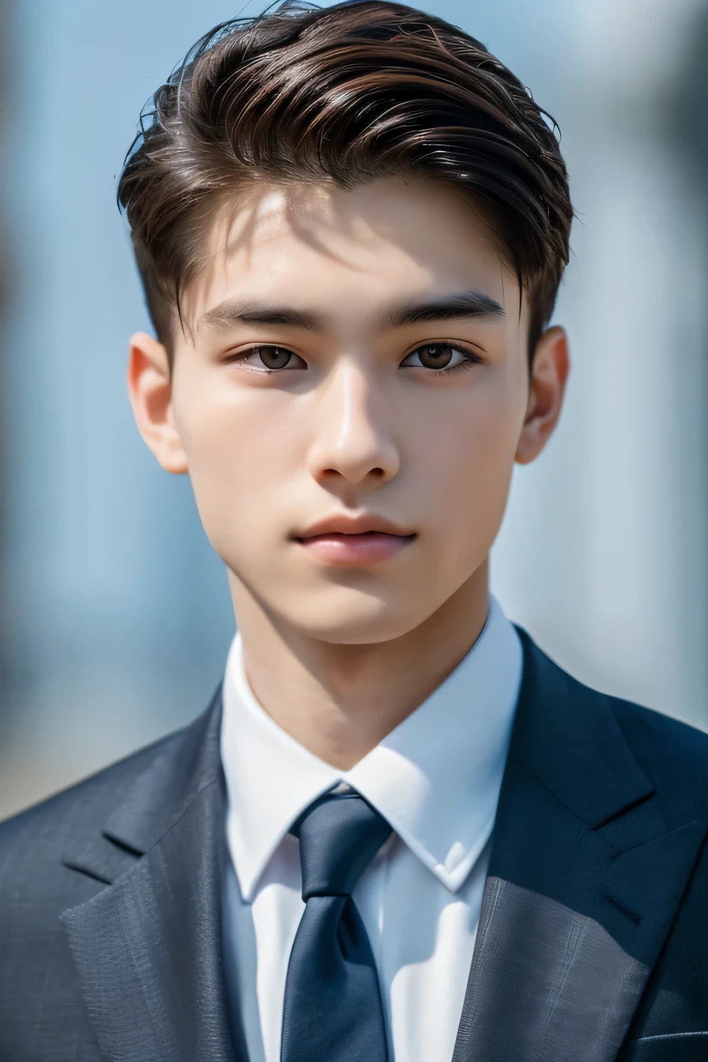 Highest quality, masterpiece, Ultra-high resolution, (Realistic: 1.4), Original photo, wallpaper, Head Photo, skin, Simple Background, Iris, detailed, Selfie, 1 boy, 18-year-old, good looking, Wind,suit