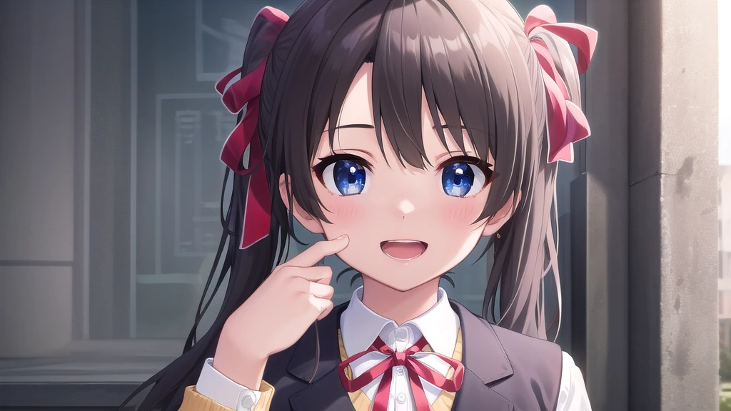 ((masterpiece)),(best quality),official art,extremely detailed CG,unity 8k wallpaper,ultra detailed,beautiful detailed eyes,extremely detailed face,outdoors,1girl,solo,upper body,(portrait:1.5),looking at viewer,facing viewer,smile,Otonashi Kushina,long hair,black hair,twintails,hair ribbon,hair bow,hair intakes,parted bangs,blue eyes,open mouth,:d,,blazer,black jacket,wing collar,yellow sweater vest,collared shirt,white shirt,neck ribbon,red ribbon,long sleeves,small breasts,miniskirt,green skirt,plaid skirt,pleated skirt,zettai ryouiki,white thighhighs,loafers,