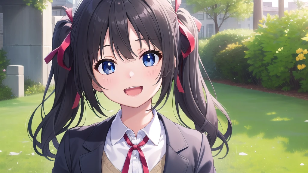 ((masterpiece)),(best quality),official art,extremely detailed CG,unity 8k wallpaper,ultra detailed,beautiful detailed eyes,extremely detailed face,outdoors,1girl,solo,upper body,(portrait:1.5),looking at viewer,facing viewer,smile,Otonashi Kushina,long hair,black hair,twintails,hair ribbon,hair bow,hair intakes,parted bangs,blue eyes,open mouth,:d,,blazer,black jacket,wing collar,yellow sweater vest,collared shirt,white shirt,neck ribbon,red ribbon,long sleeves,small breasts,miniskirt,green skirt,plaid skirt,pleated skirt,zettai ryouiki,white thighhighs,loafers,