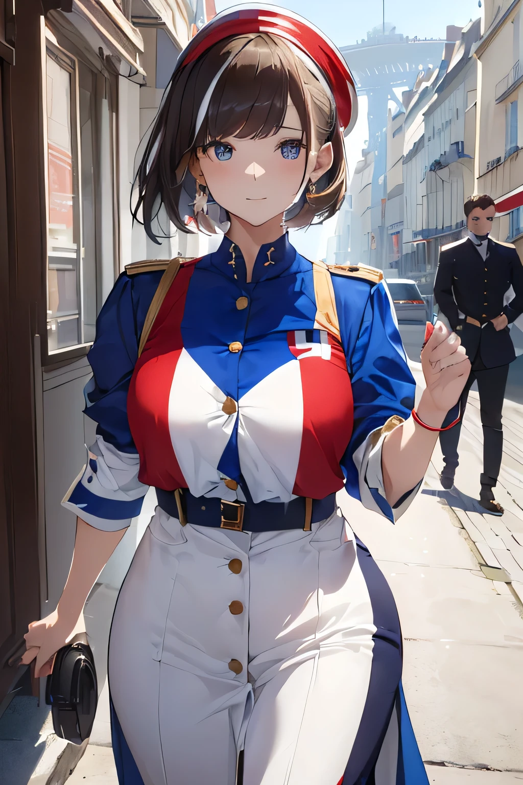 (((French flag-inspired outfit:1.3))),(((Woman in men's clothing:1.3))),(Tricolor),(masterpiece,Highest quality,Ultra-high resolution output images,Write boundary depth,Intricate details,Adding dimension to your subject with the contrast of light and shadow,Anatomically correct facial structure),(Picture Mode Ultra HD,)