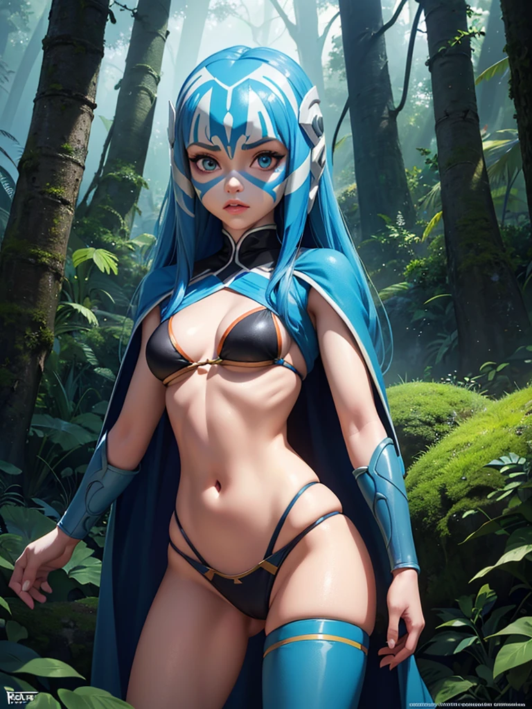 a beautiful woman with blue skin and white facial markings, ahsoka tano, wearing a black bikini, standing in a lush forest surrounded by tall trees, detailed facial features, beautiful eyes, detailed lips, detailed skin texture, high quality, cinematic lighting, photorealistic, concept art style, vibrant colors, dramatic lighting