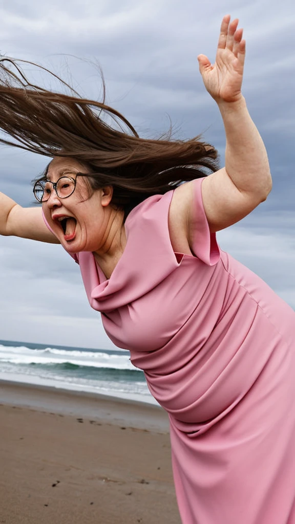 Storm, woman blowing in the wind, hair fluttering in the wind, blown away by the wind, Japanese woman, fat, glasses, pink dress, 69 years old, weight 150 kg, thick arms, flabby body, forehead visible , Has a big mouth, Raise both arms and wave them from side to side, Shake arms like dancing