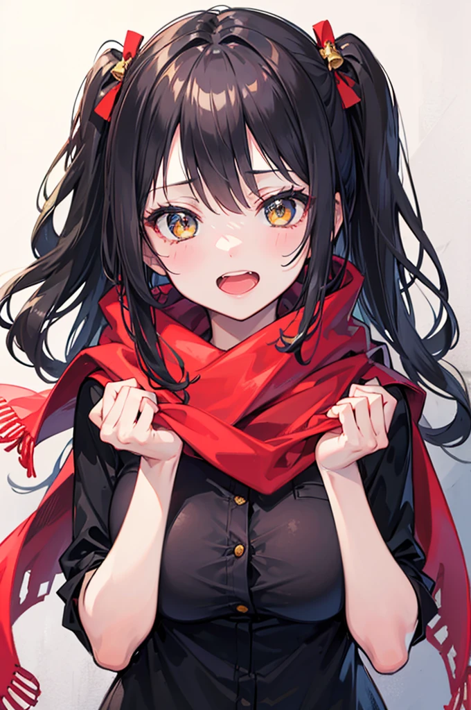 portrait, one side up, long hair, black hair, stupid hair, passionate fool, girl, medium breasts, Laugh loudly and energetically, golden eyes, red cloth scarf, Black Jacket, hero, Arms crossed, 1 person