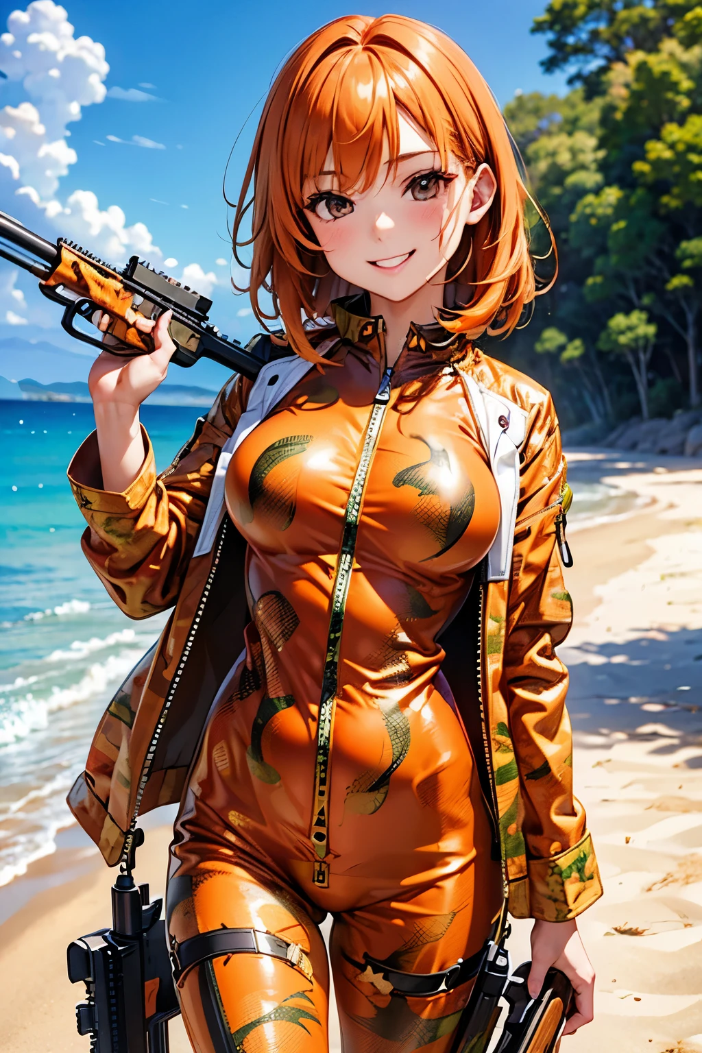 best quality, (masterpiece:1.3), absurdres, highres,16k, ultra high res, official art, illustration,extremely detailed, 1girl, solo, full body, 20yo, 
delicate lines tailed face, (medium hair:1.5), (beautiful orange hair:1.2), (shiny hair:1.2), (beautiful black eyes:1.2), (shiny eyes:1.2), (large breasts), (gleaming skin:1.4),
looking at viewer, (cowboy shot:1.5)
standing, smile,
((orange camouflage print) (ghillie suit jacket (zipped)):1.2), long pants, (holding rifle:1.4),
tropical, beach, sunlight, 