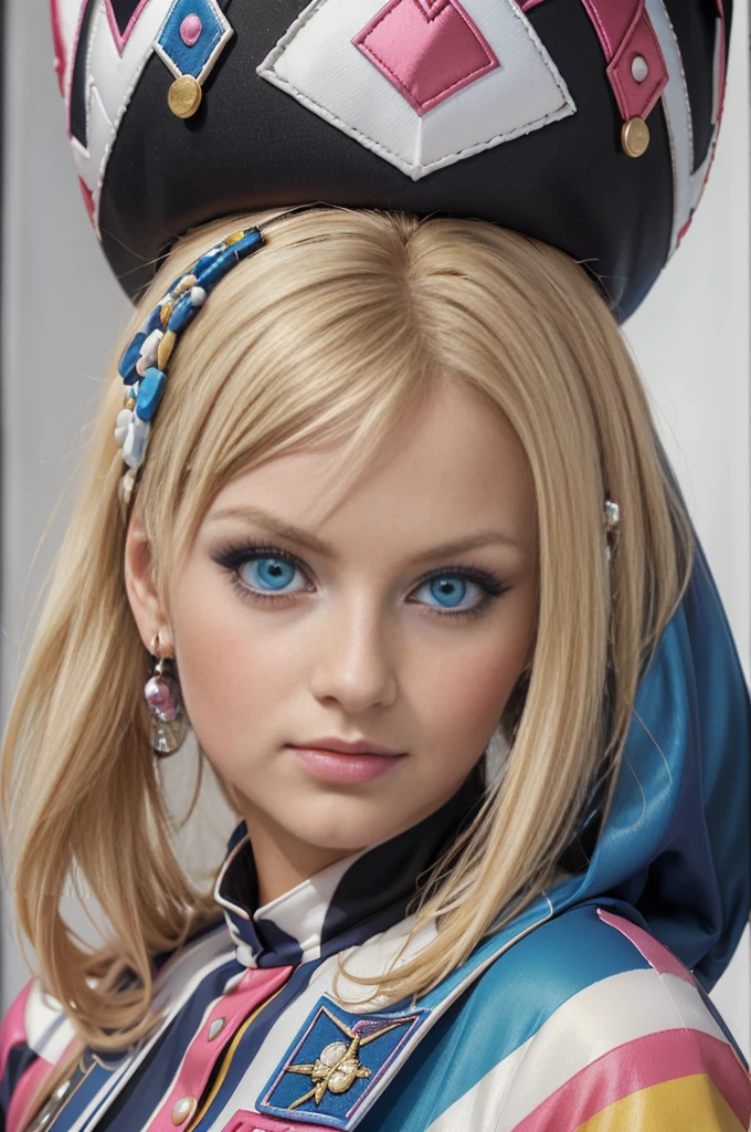 ((masterpiece, best quality, photorealism, RAW quality)), (BLONDE girl with a perfect face, blue eyes, sharp pupil), ((wearing a harlequin outfit composed of patches of different colors, tight to the body)), (add makeup with bright colors or black and white to highlight your eyes and look spectacular), harlequin hat decorated with bells, lots of gools dancing everywhere. Pink background.