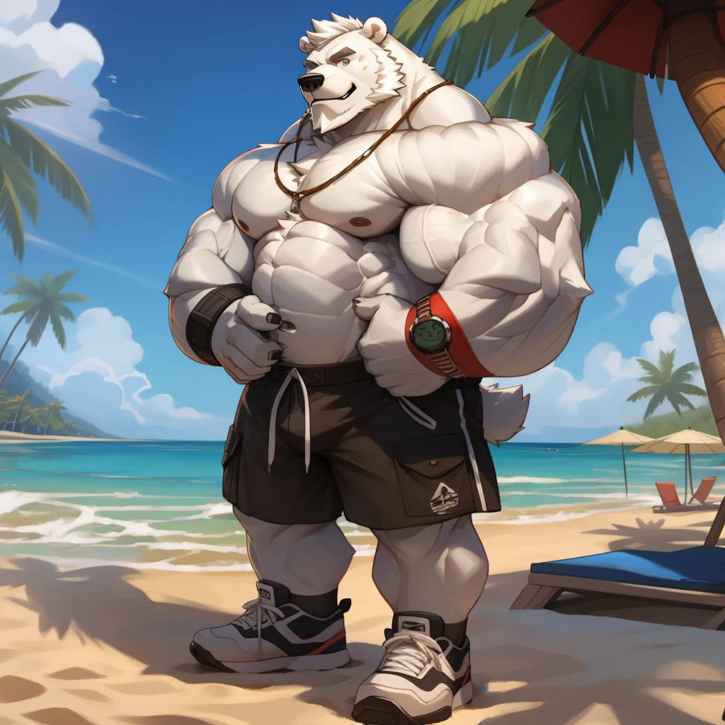 huge muscular polar bear in L.A. Beach, big smirk, polar bear, huge white fur, thick arm, huge arm, bearded, white hair and beard, bearded, (muscular, pectoral, wide pectoral, thick arms, white paws), beach, palm, realistic, 8k, masterpiece, (wearing white shorts, wristband, watch and shirtless, shoes), correct anatomy, good anatomy