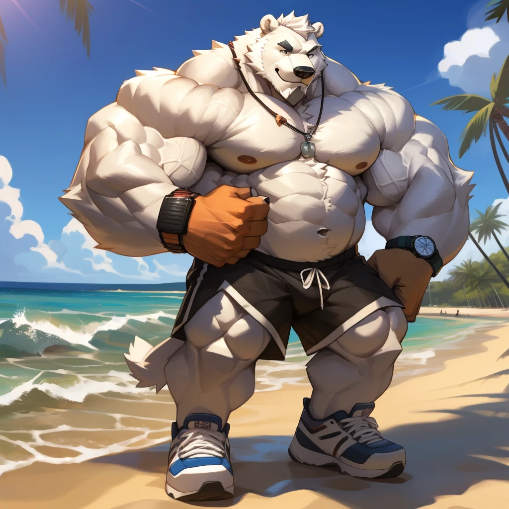 huge muscular polar bear in L.A. Beach, big smirk, polar bear, huge white fur, thick arm, huge arm, bearded, white hair and beard, bearded, (muscular, pectoral, wide pectoral, thick arms, white paws), beach, palm, realistic, 8k, masterpiece, (wearing white shorts, wristband, watch and shirtless, shoes), correct anatomy, good anatomy