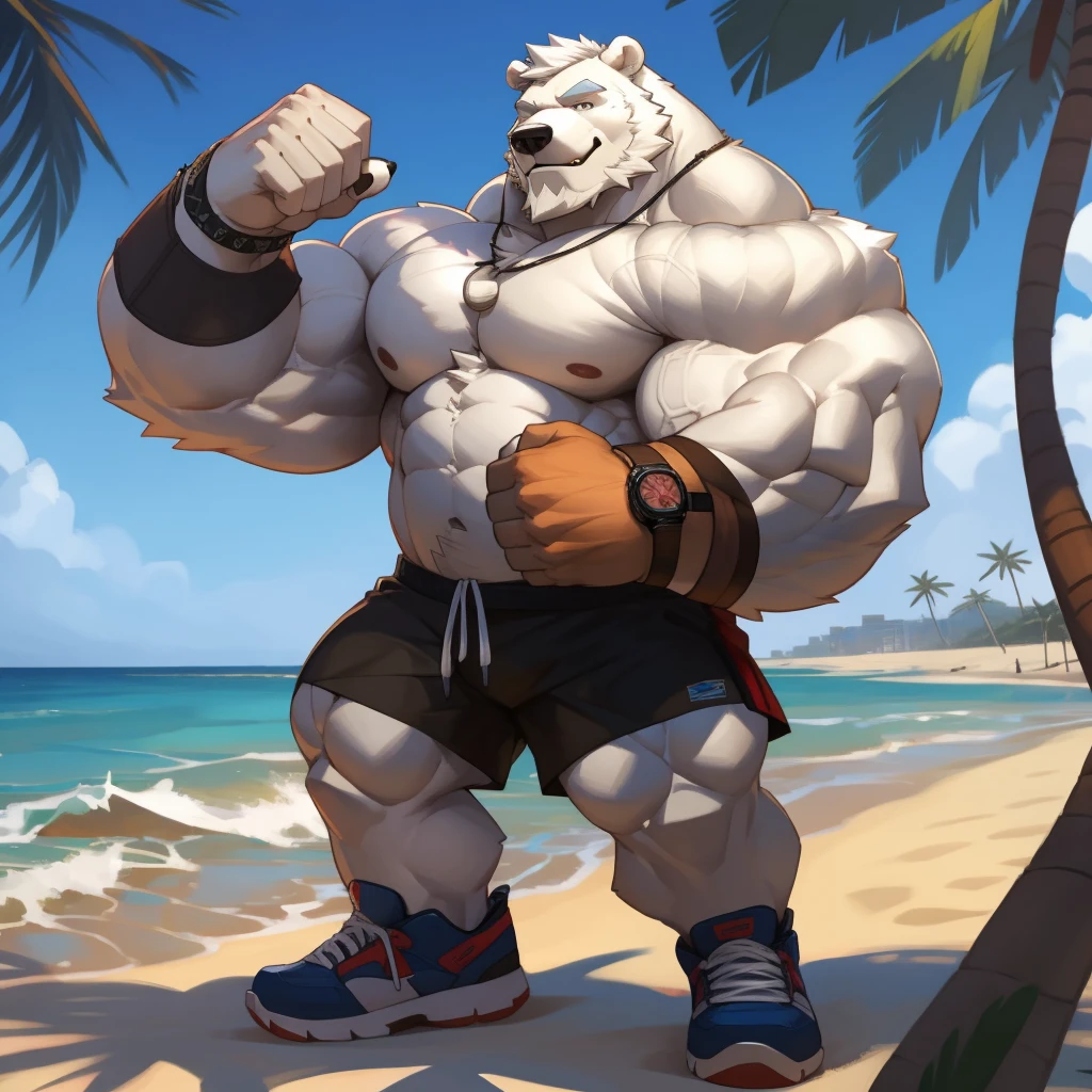 huge muscular polar bear in L.A. Beach, big smirk, polar bear, huge white fur, thick arm, huge arm, bearded, white hair and beard, bearded, (muscular, pectoral, wide pectoral, thick arms, white paws), beach, palm, realistic, 8k, masterpiece, (wearing white shorts, wristband, watch and shirtless, shoes), correct anatomy, good anatomy