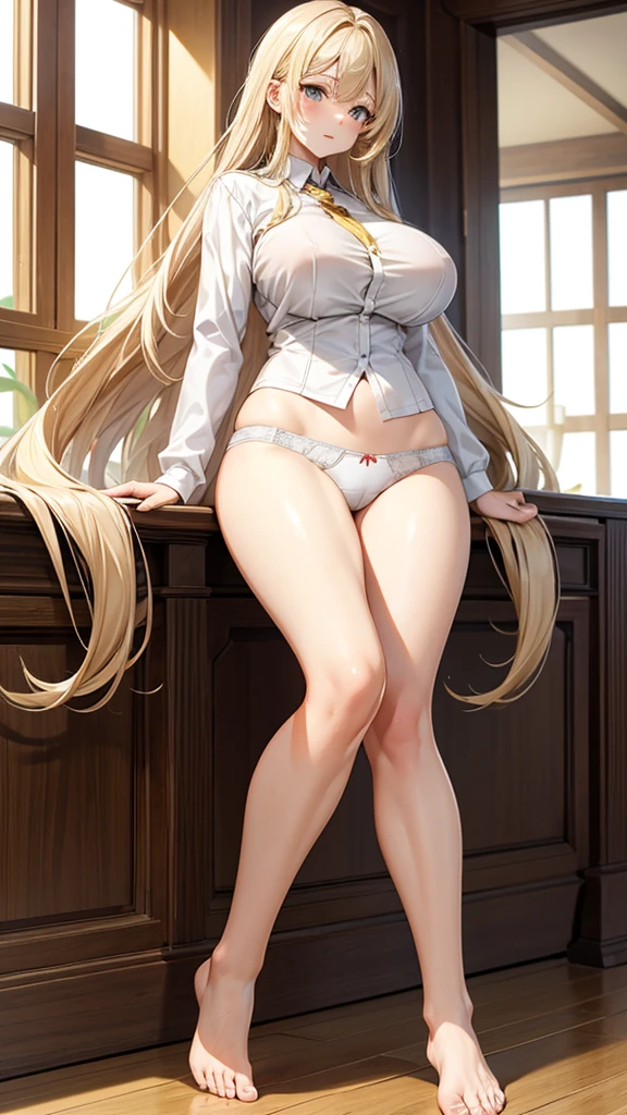 Adult woman with long blond hair and huge breasts,White open collar long sleeve shirt,underwear,Bare Legs,barefoot,indoor
