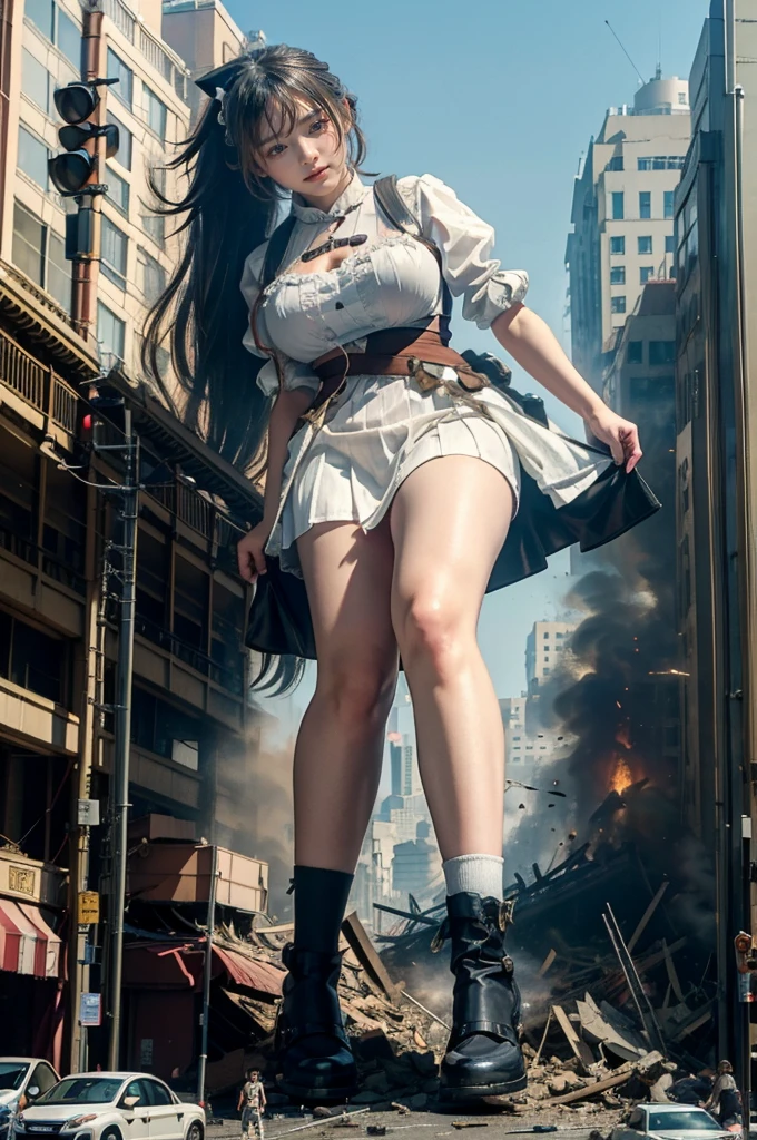 ((top-quality、in 8K、masterpiece:1.3、Raw photo))、Super high quality photos, Japan Top Idol Women With Perfect Beauty, Perfect beauty, ((der riese))、((Wear a see-through shirt)), ((not wearing bra)), (( are protruding)), Demolish a building、 ((Destroy the city)), (Photorealistic: 1.4), (Ultra-high detail), (hyper realisitic: 1.4), (Realistic: 1.3), (Smooth lighting: 1.05), 1girl in, Solo, (Japanese actressl), 20yr old, Full body, ((der riese)), (nffsw), Size difference, ((Destroy the city)), (rampage:1.4), Demolish a building, cinematlic lighting, Ginza Chuo-ku, Tokyo, ((slim thigh)), ((Perfect beauty)), ((The most beautiful face)), ((Transcendent beauty)),