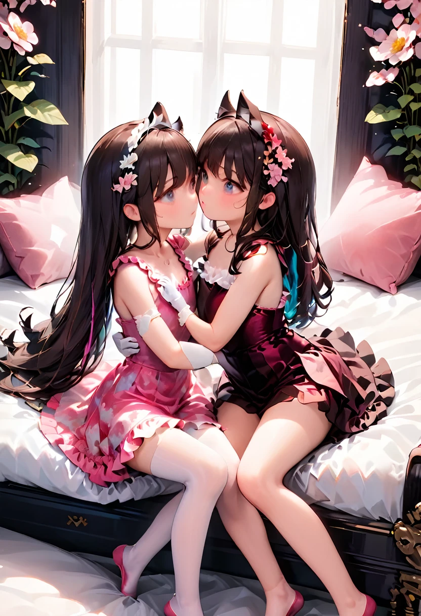 (Style-Princess) (1 man, 1 catgirl) (hetero, couple) (crossdressing, fully clothed) (brown hair, blue eyes) (portrait) (women's clothes only) (women's beautifully feminine skintight velvet floral print frilly girly pink adorable ballet leotards:1.4) (white pantyhose, no shoes) (tiaras, pink shoulder-length silk gloves:1.3) (woman's bedroom, four-poster bed) (lying down, hugging, bending knee) (intimacy, playfulness, closeness)