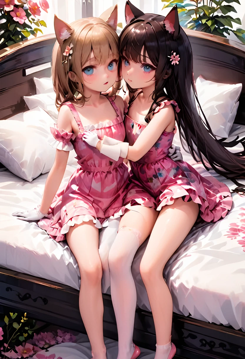 (Style-Princess) (1 man, 1 catgirl) (hetero, couple) (crossdressing, fully clothed) (brown hair, blue eyes) (portrait) (women's clothes only) (women's beautifully feminine skintight velvet floral print frilly girly pink adorable ballet leotards:1.4) (white pantyhose, no shoes) (tiaras, pink shoulder-length silk gloves:1.3) (woman's bedroom, four-poster bed) (lying down, hugging, bending knee) (intimacy, playfulness, closeness)