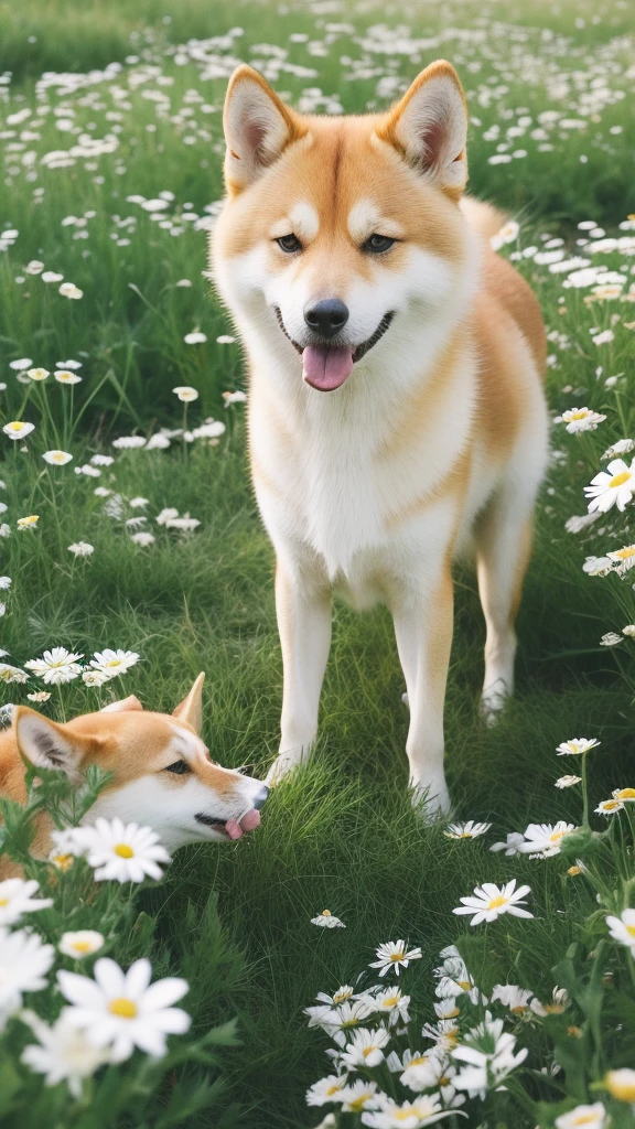 A Shiba Inu standing in a lush meadow filled with white daisies. The dog seems happy, Stick your tongue out, Maybe they're gasping for air or laughing.. wood々Sunlight shining through, Casting a warm glow on the scene, Creates a calm and peaceful atmosphere.