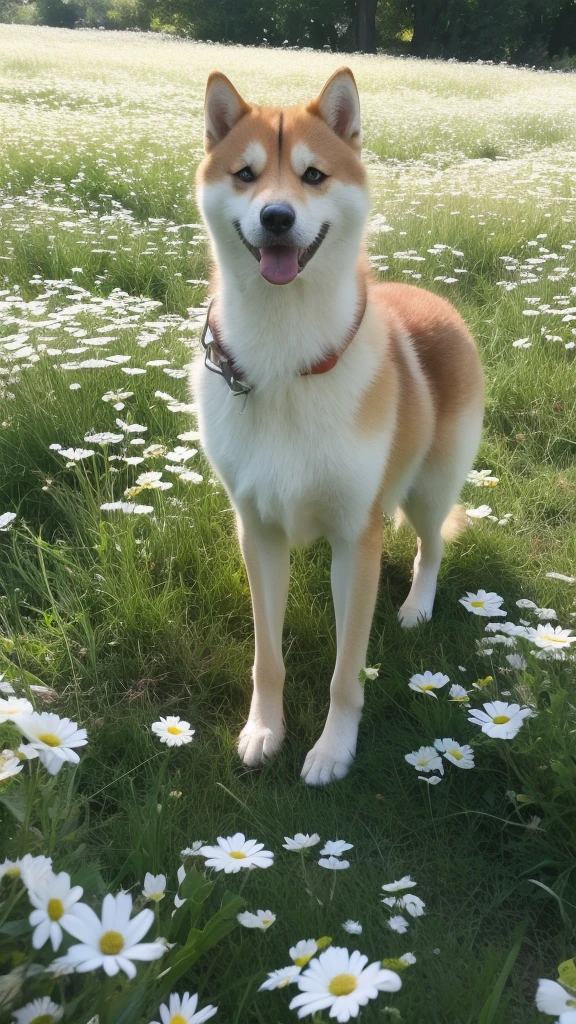 A Shiba Inu standing in a lush meadow filled with white daisies. The dog seems happy, Stick your tongue out, Maybe they're gasping for air or laughing.. wood々Sunlight shining through, Casting a warm glow on the scene, Creates a calm and peaceful atmosphere.