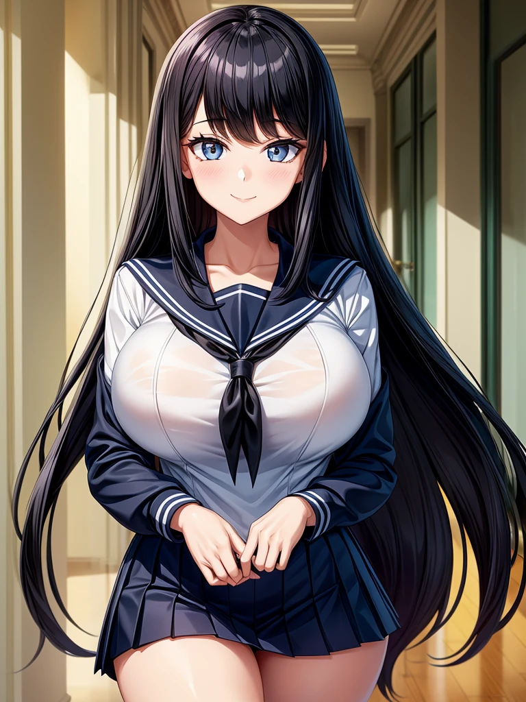 Top quality, school, high school girl, beautiful face, beautiful eyes, intelligent look. beautiful woman, elegant face, intelligent face, bewitching smile, beautiful glossy black hair, straight long hair, huge breasts, curvaceous beauty, narrow waist, , sailor suit , short navy pleated skirt, elegant behavior