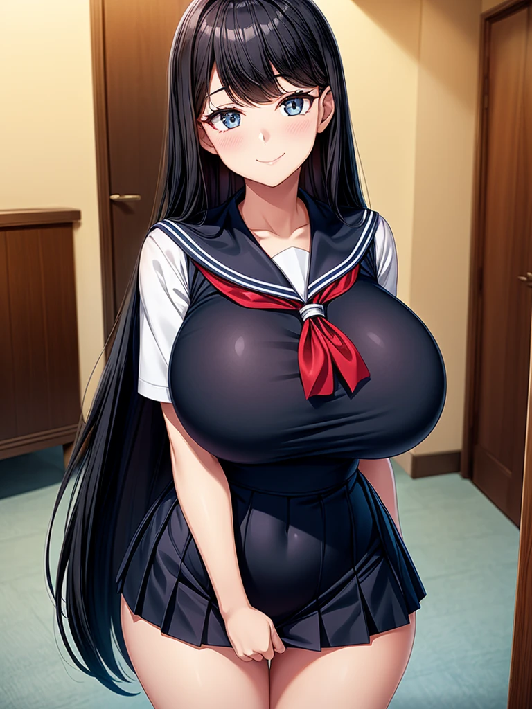 Highest quality,wonderful,finely,Highly detailed CG Unity 8k wallpaper, (1 Girl,Black Hair, blue eyes,Double Bang), (Huge breasts:1.2), (Sailor swimsuit:1.1), (Open your mouth:1.2), (Long Tongue:1.2), (Drooling from the mouth:1.2),(zettai ryouiki:1.2)