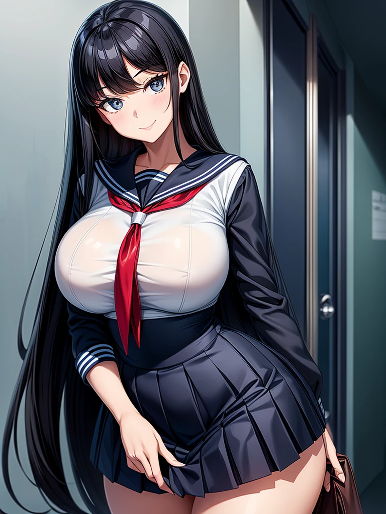 Top quality, school, high school girl, beautiful face, beautiful eyes, intelligent look. beautiful woman, elegant face, intelligent face, bewitching smile, beautiful glossy black hair, straight long hair, huge breasts, curvaceous beauty, narrow waist, , sailor suit , short navy pleated skirt, elegant behavior