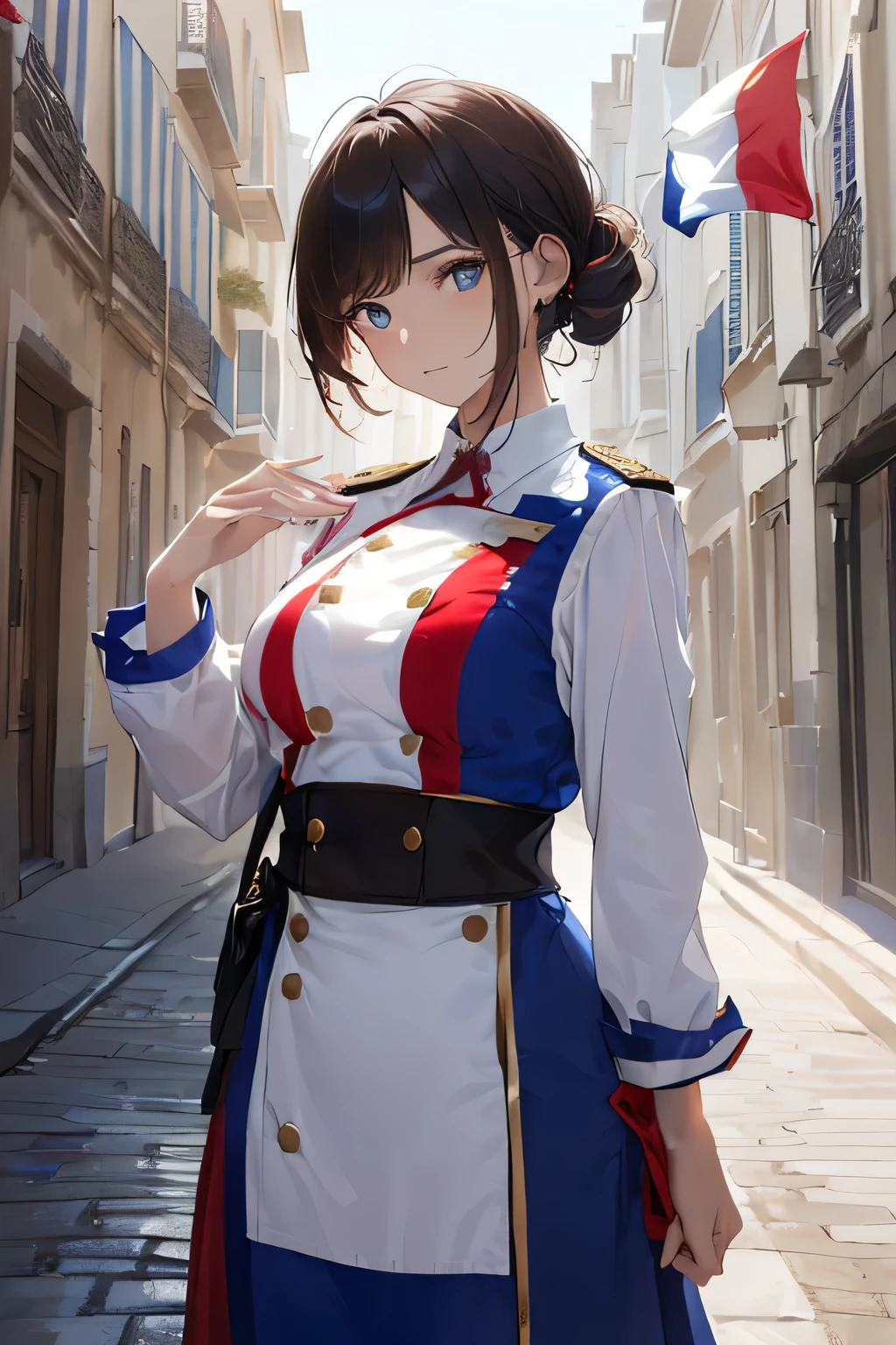 (((French flag-inspired outfit:1.3))),(((Woman in men's clothing:1.3))),(Tricolor),(masterpiece,Highest quality,Ultra-high resolution output images,Write boundary depth,Intricate details,Adding dimension to your subject with the contrast of light and shadow,Anatomically correct facial structure),(Picture Mode Ultra HD,)