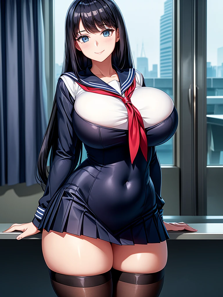Top quality, school, high school girl, beautiful face, beautiful eyes, intelligent look. beautiful woman, elegant face, intelligent face, bewitching smile, beautiful glossy black hair, straight long hair, huge breasts, curvaceous beauty, narrow waist, , sailor suit , short navy pleated skirt, elegant behavior
