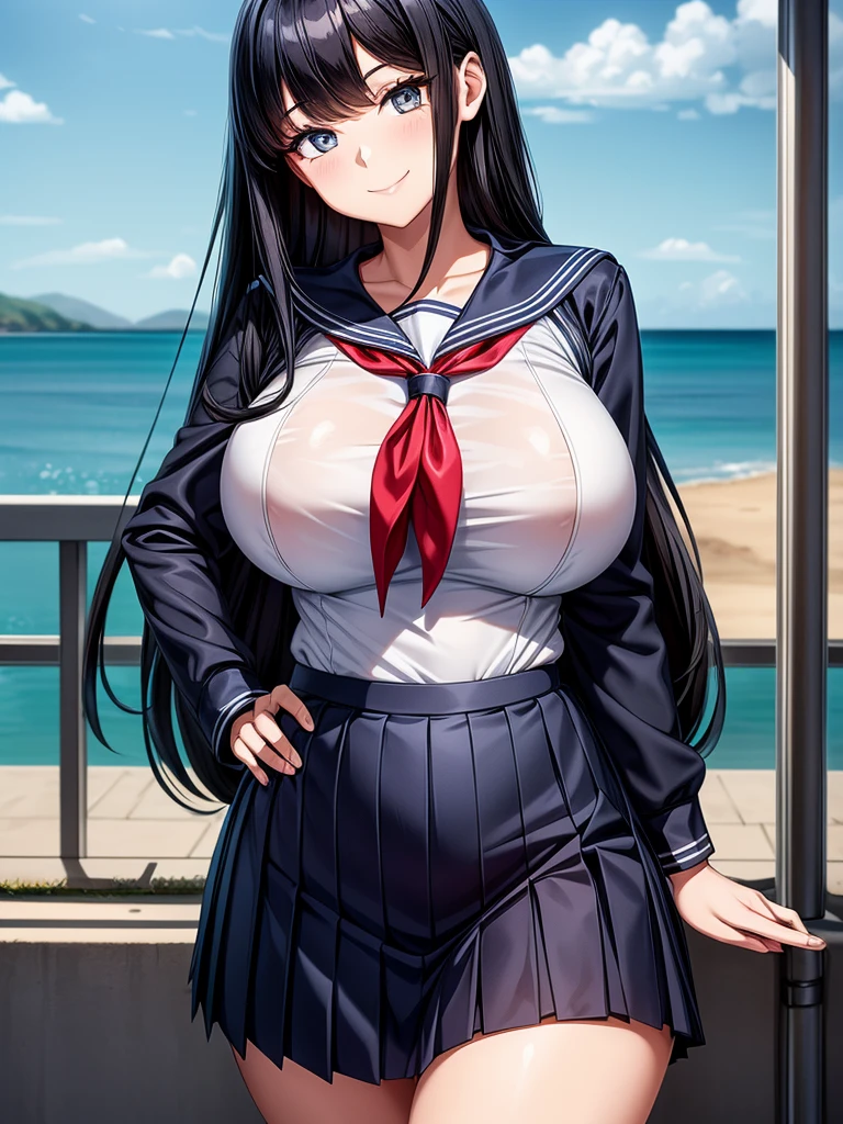 Top quality, school, high school girl, beautiful face, beautiful eyes, intelligent look. beautiful woman, elegant face, intelligent face, bewitching smile, beautiful glossy black hair, straight long hair, huge breasts, curvaceous beauty, narrow waist, , sailor suit , short navy pleated skirt, elegant behavior