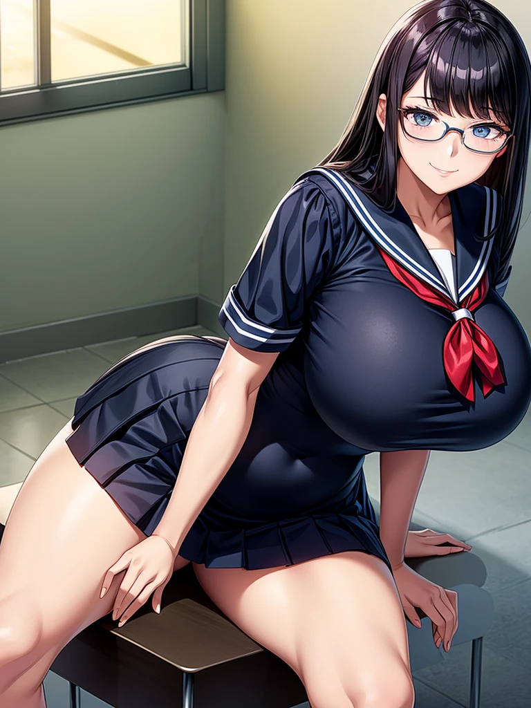 (front、background bokeh:1.4)、(School、classroom)、(kiss face、Close ~ eyes)、Super detailed illustrations、Super precise expression、masterpiece、highest quality、ultra High resolution、High resolution、Support your chest with your arms、(big breasts、Sweat、body fluid、shiny skin:1.4)、((Glasses))、(black hair、long hair、Braid、Patsun bangs)、(embarrassed face:1.5)、Standing picture、(sailor suit, Navy blue miniskirt,knee socks ), (Mommyfy)、