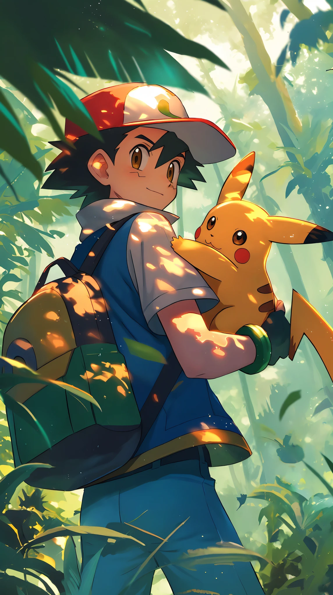 Pokemon is sitting in the woods，Holding a Pokemon toy in hand, pikachu in a forest, Illustration Elf, a pikachu in a forest, Elf art style, anime lush john 8k woods, pokemon trainer, Wild Pokémon, Elf anime style, Ash, High-quality fanart, Official Art, Detailed fan art, Available for Pokemon Red and Blue, Anime pictures, high detailed Official Artwork
