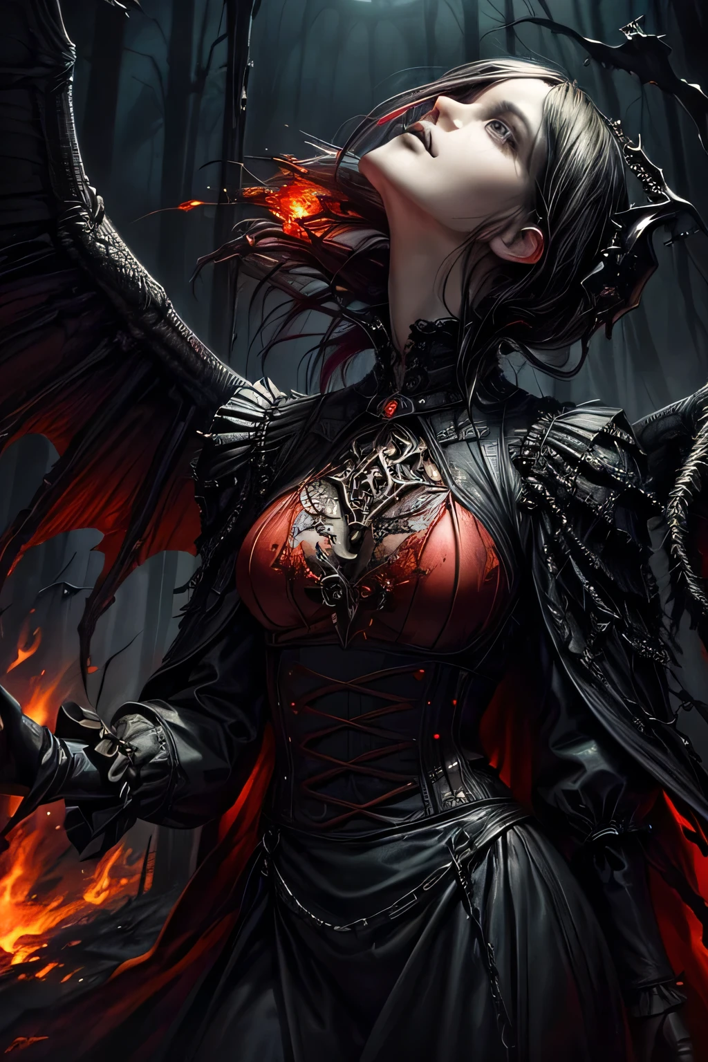 James Gurney, surrealism art , dream like, weirdcore, provocative, symbolic, Complex, detailded,, (Gothic but very beautiful:1.4), (Artwork, highest quallity:1.4) , Style Nicola Samori, Queen of fire, dragon next to red fire wings breathing open, burnt forest and city background.