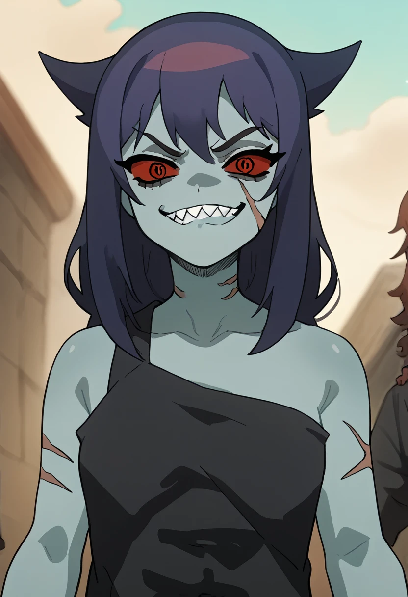 Anime zombie undead girl, slitched face, scars an face, black sclera, shark teeth, glowing eyes, smug face, vile, pale green-ish decayed skin, black tank top, eletric colar