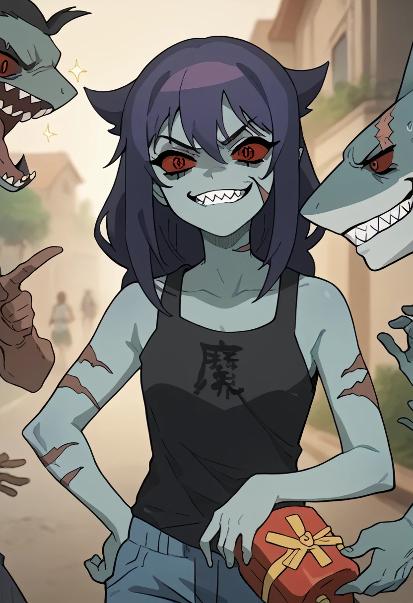 Anime zombie undead girl, slitched face, scars an face, black sclera, shark teeth, glowing eyes, smug face, vile, pale green-ish decayed skin, black tank top, eletric colar