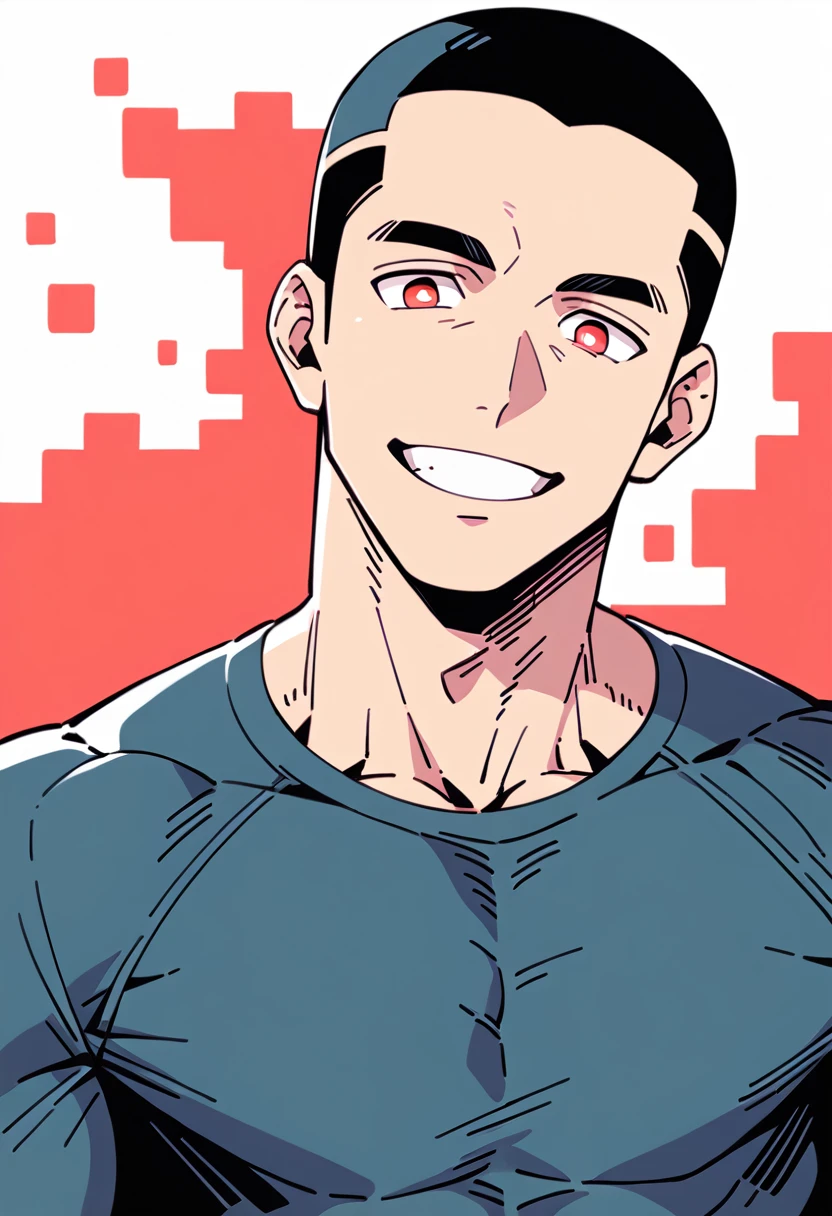 anime characters:Priapus, Muscle Sports Student, Buzz Cut, Manliness, male focus, Sports tight hooded sweatshirt, Very tight, full and perky chest muscles, muscular male, muscular, only, Upper body, alone, Red short hair, Thick eyebrows, stubble, Brown-red pupils, White background, simple background, amazing quality, best aesthetics, Ridiculous, crew cut, smirk, bright pupils, grin, negative space, negative space, best quality